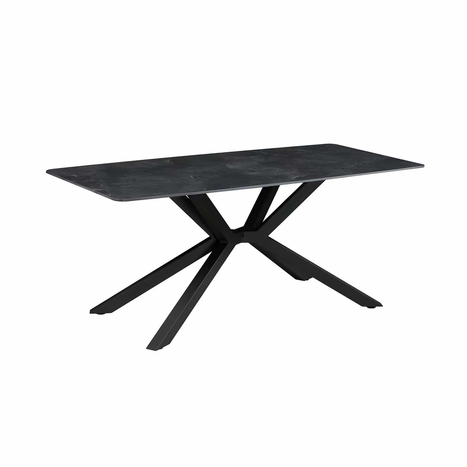 Rectangular green sintered stone dining table with powder coated iron legs.