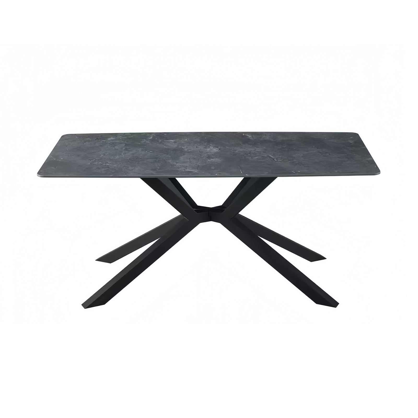 Rectangular dining table with green sintered stone top and powder-coated iron legs.