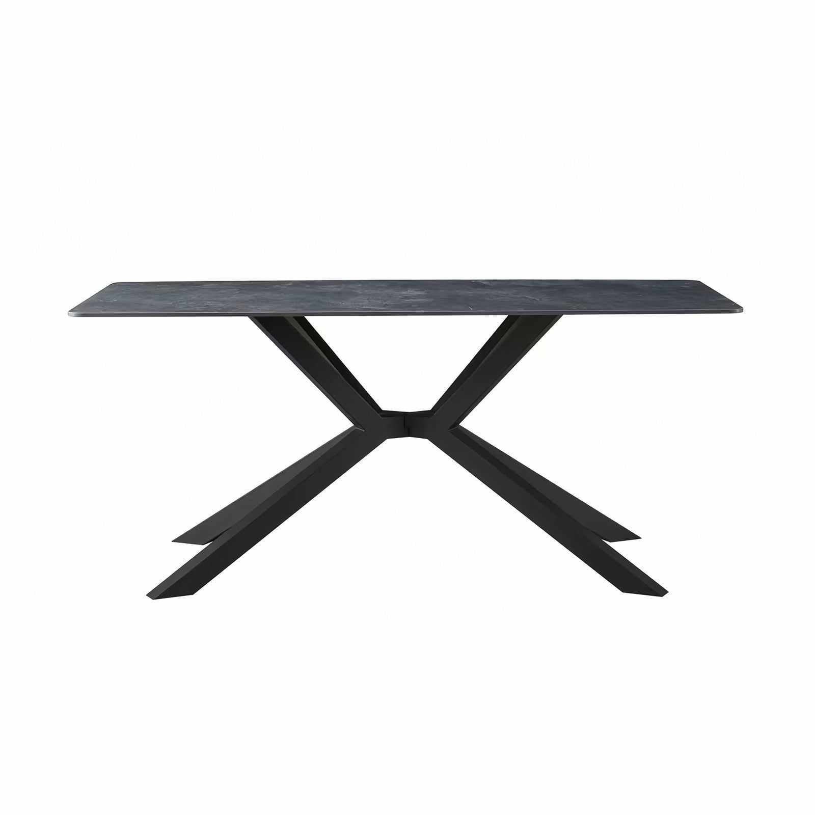 Contemporary rectangular dining table with green sintered stone top and powder-coated iron legs.