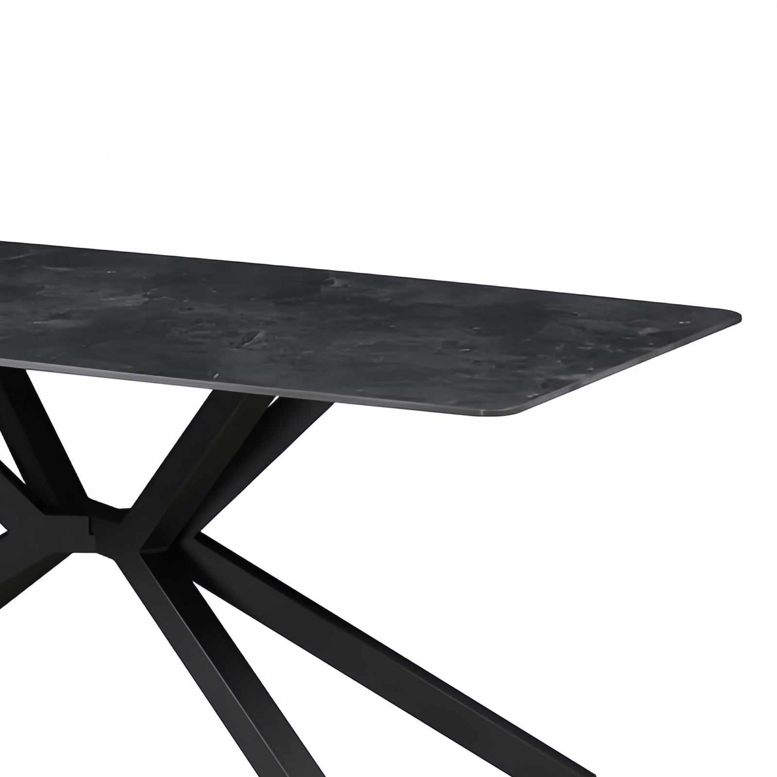 Rectangular dining table with green sintered stone top and powder-coated iron legs.
