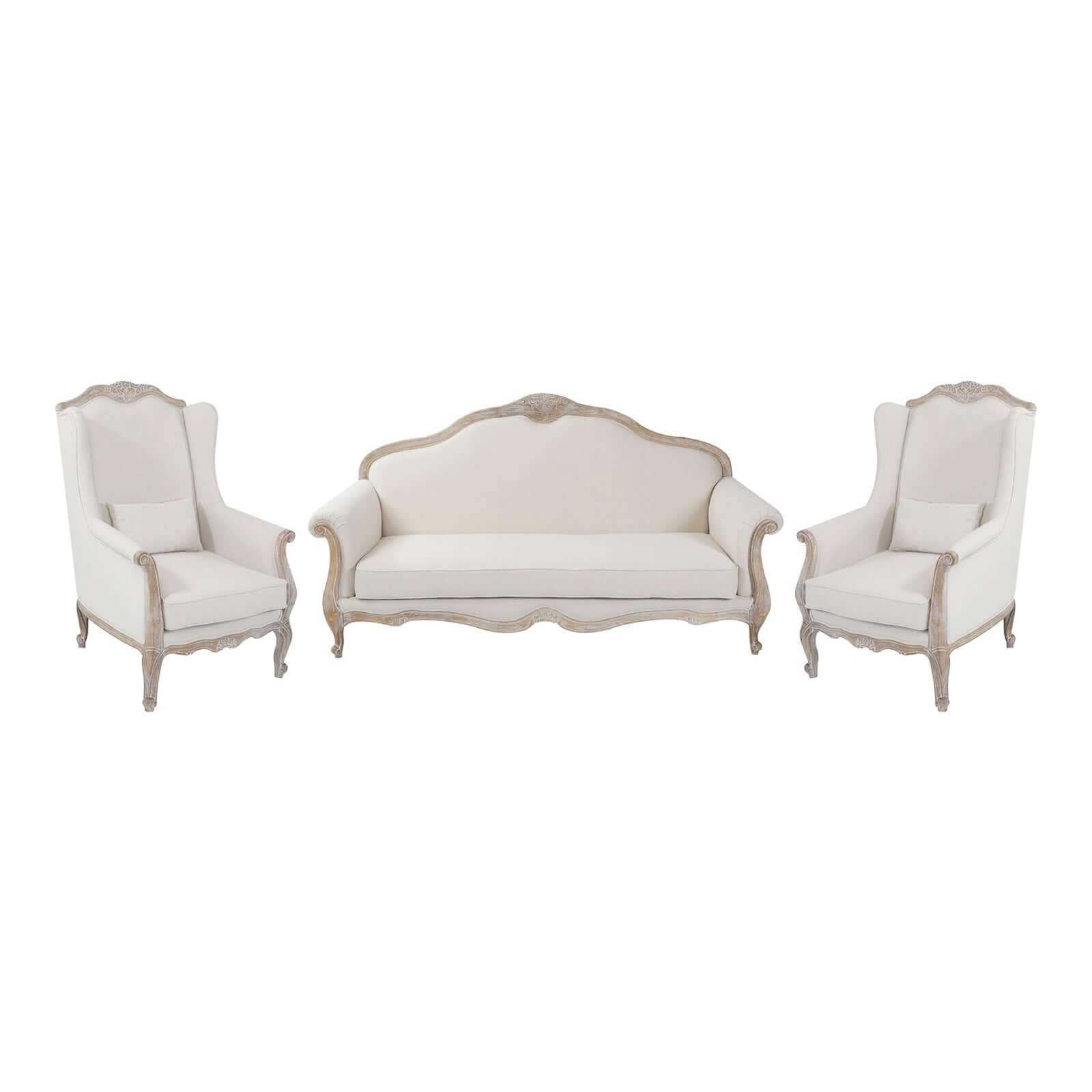 3S+2 Wing Chair Oak Wood White Washed Finish Rolled Armrest Sofa