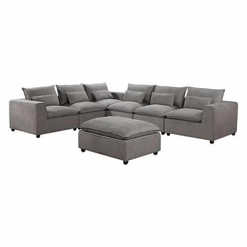 6 Seater Cloud Sectional Couch with Ottoman in Belfast Fabric - Grey