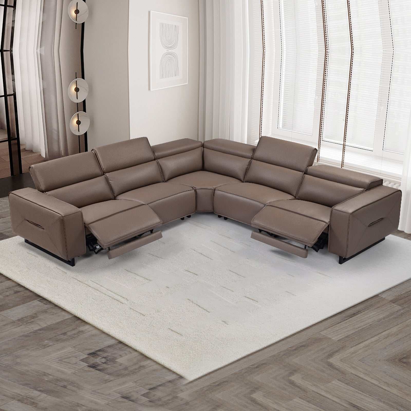 5 Seater Real Cow Leather Sofa with Power Recliner and Adjustable Headrest in Corner Lounge Setup
