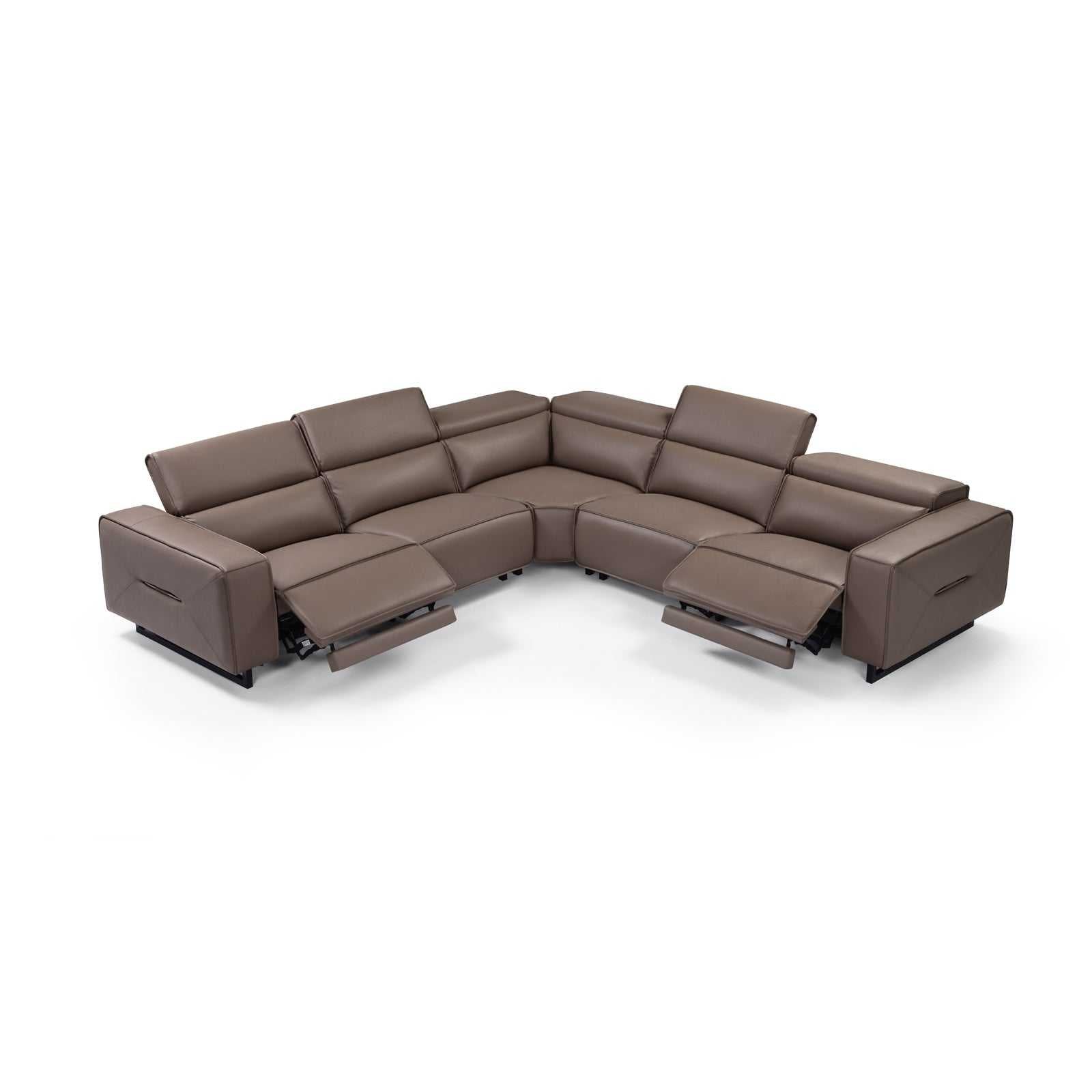 5 seater real cow leather sofa with power recliner and adjustable headrest in a corner lounge setup.