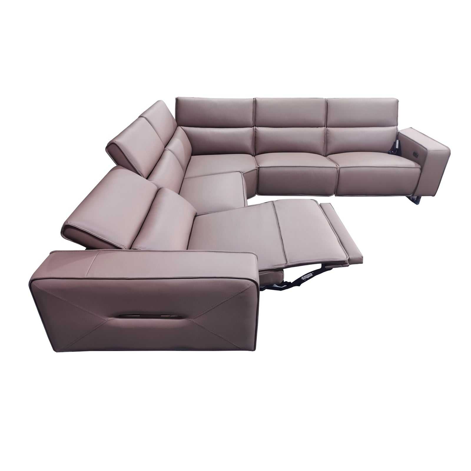 5 Seater real cow leather sofa with power recliner and adjustable headrest in corner lounge configuration.