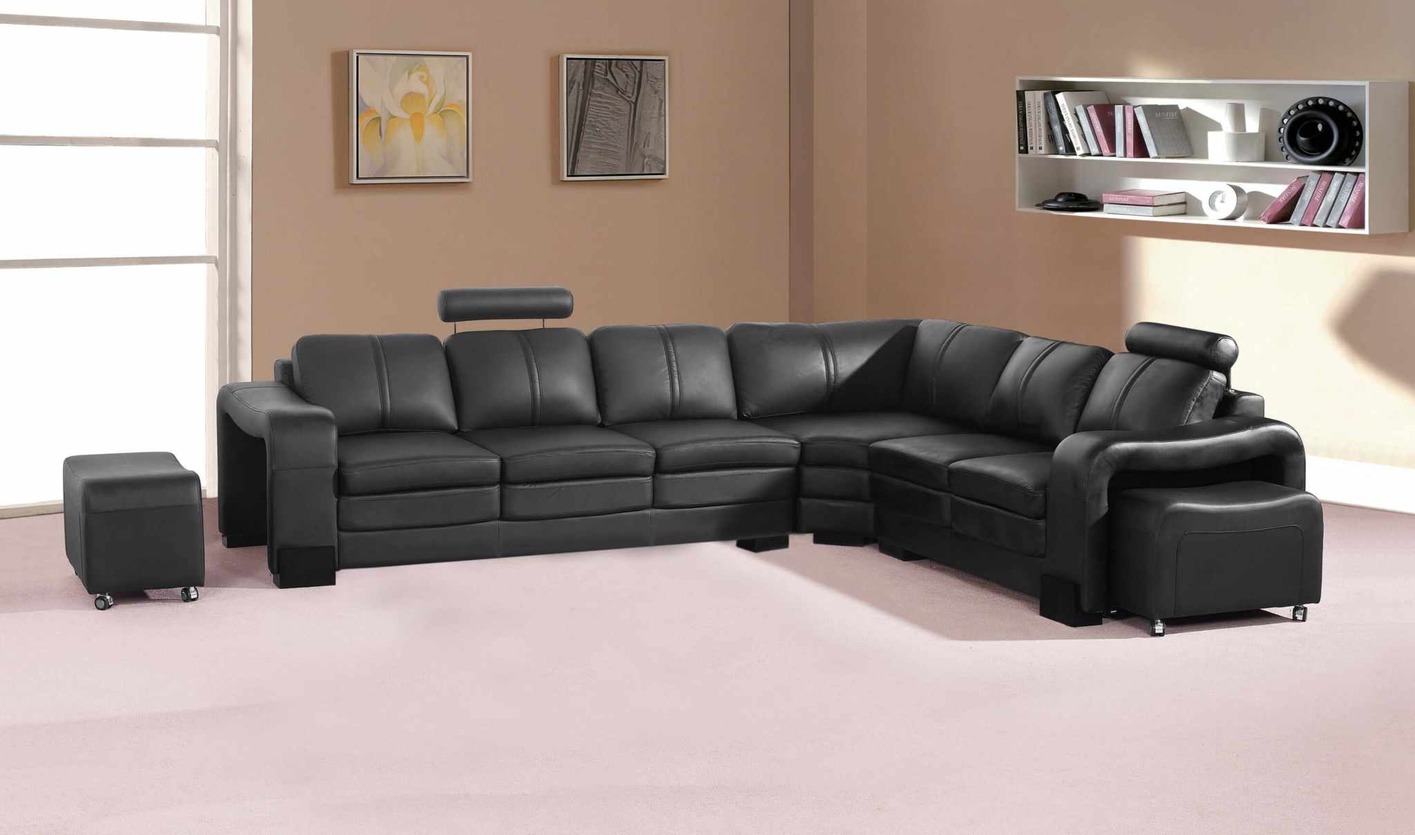 Luxurious 6 Seater Faux Leather Corner Sofa in Black with 2x Ottomans