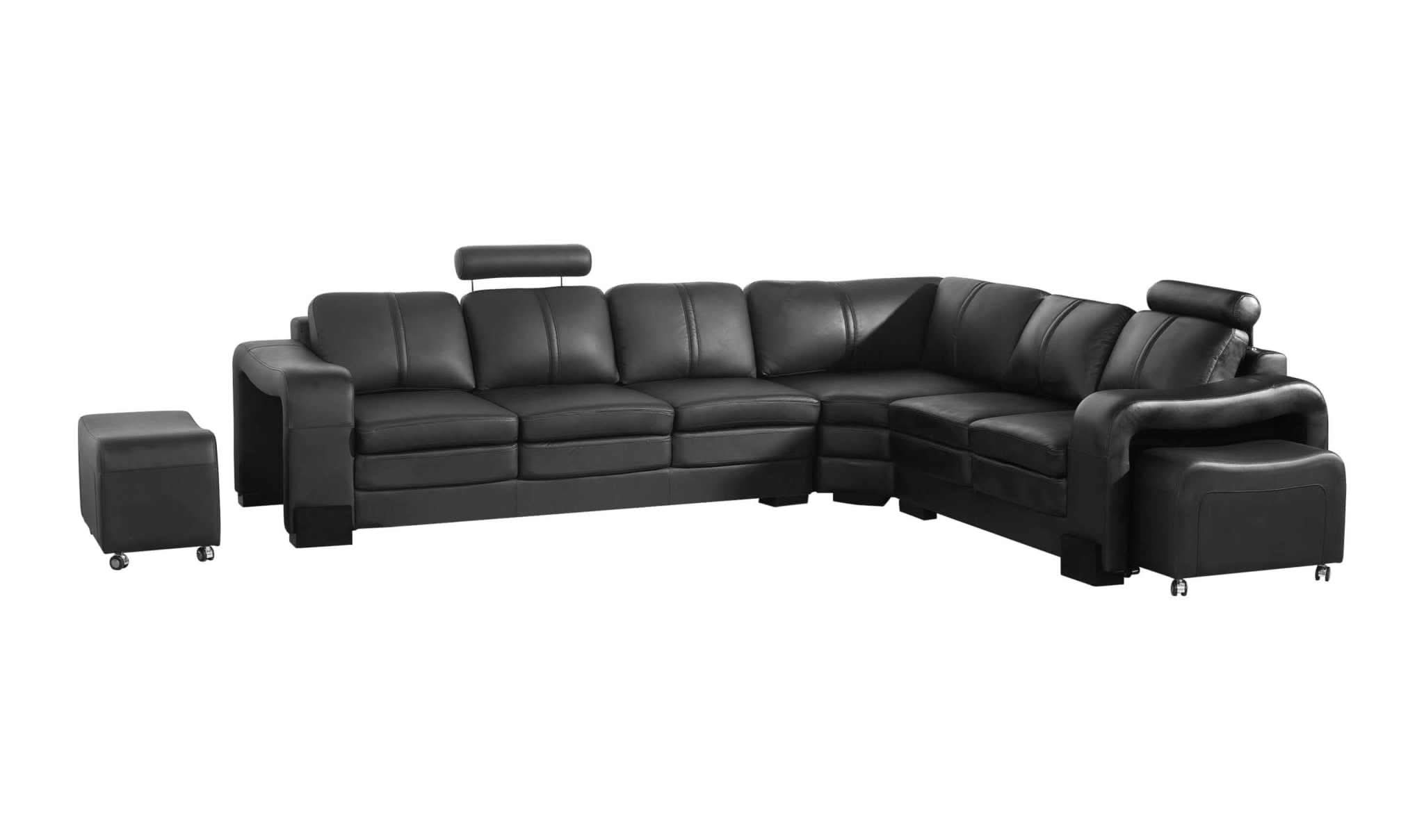 Luxurious 6 Seater Faux Leather Corner Sofa in Black with 2x Ottomans