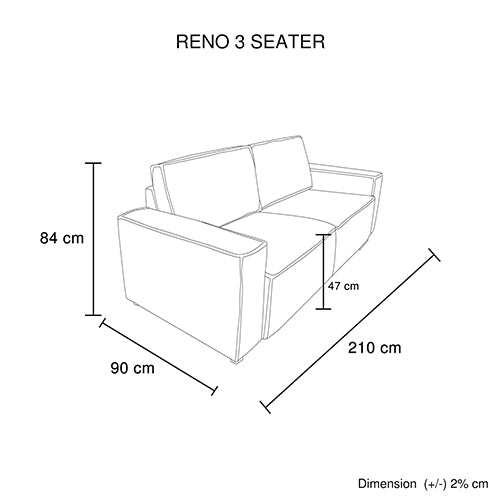 Reno 3 Seater Sofa dimensions and sketch with knock down feature, grey fabric upholstery, wooden structure.