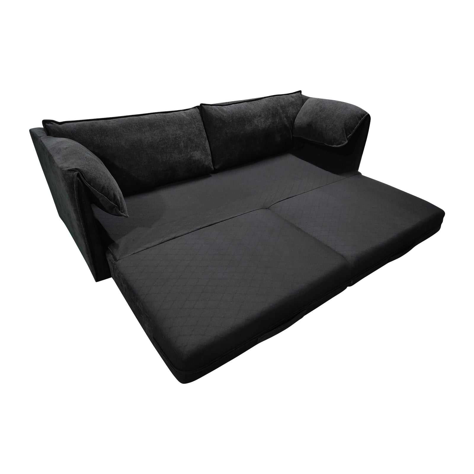 3 seater black multifunctional sofa bed with fabric upholstery and foam pocket spring.
