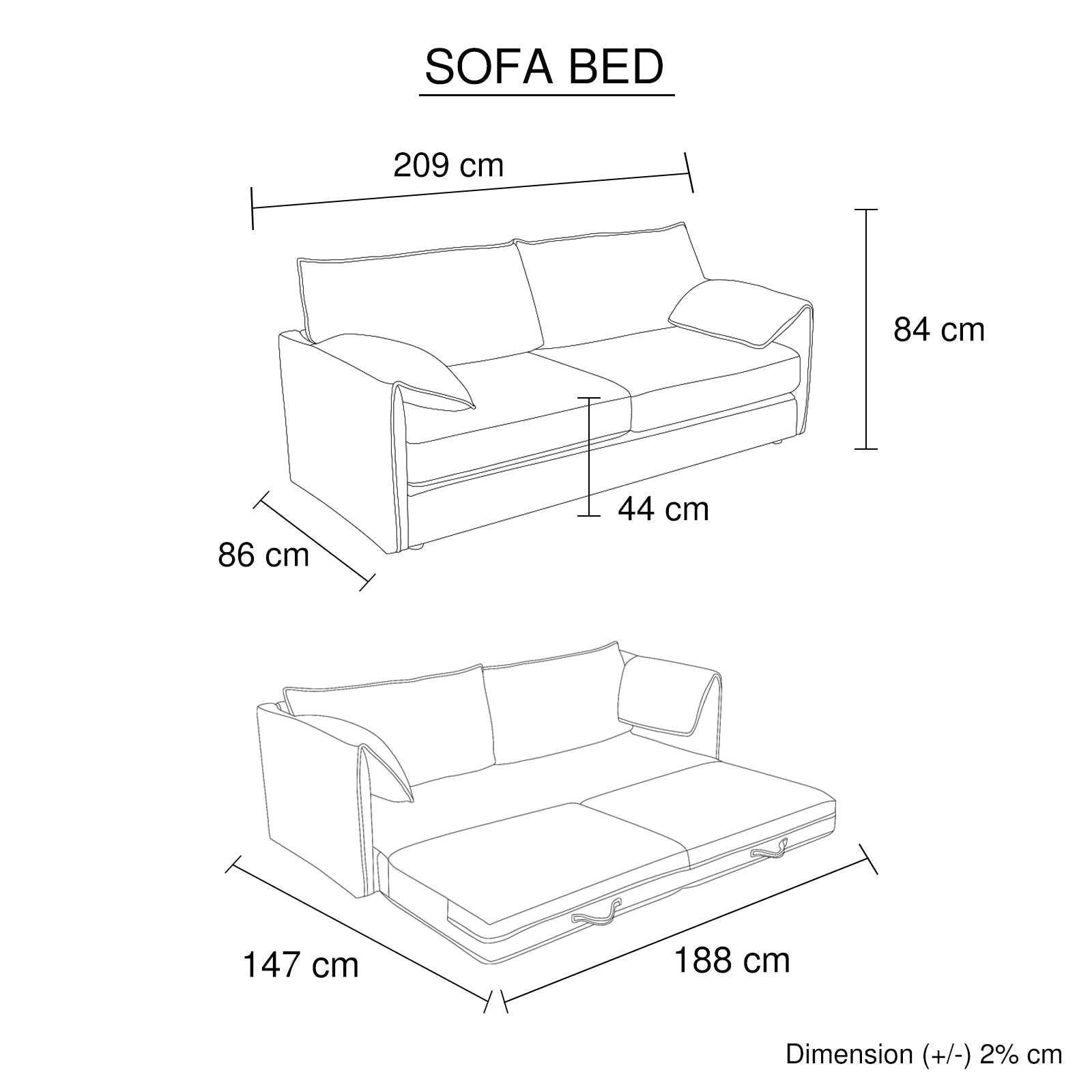 Multifunctional sofa bed with dimensions 209cm x 86cm x 84cm; converts to 188cm x 147cm bed.