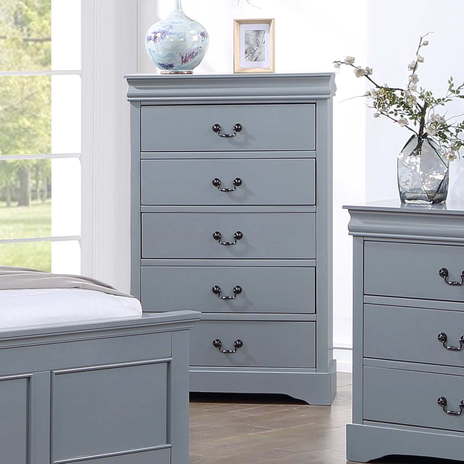 Tallboy Cabinet with 5 Storage Drawers in Grey Colour