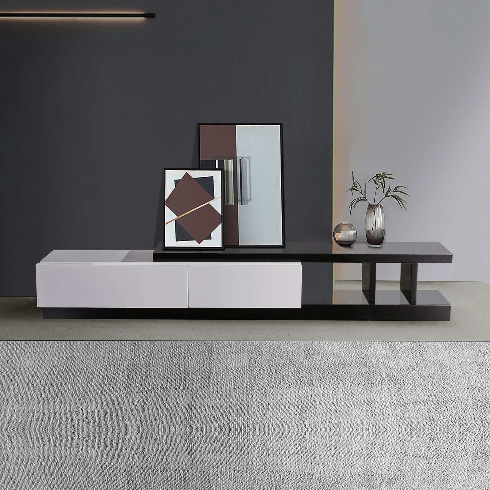 TV Cabinet with 2 Storage Drawers With High Glossy Assembled Entertainment Unit in Black & White colour