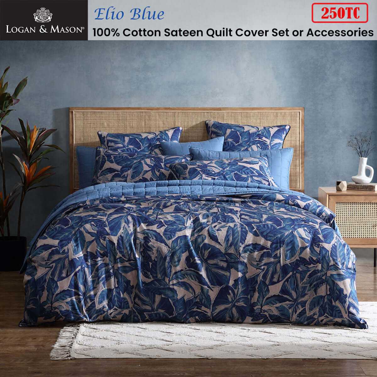 250TC 100% Cotton Sateen Elio Blue Duvet Cover King