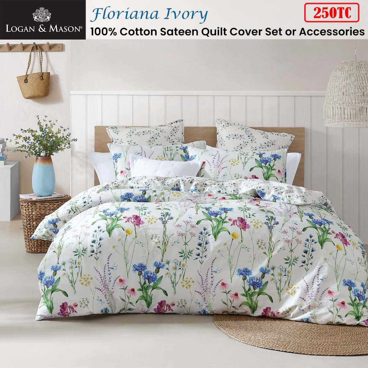 250TC 100% Cotton Sateen Floral Quilt Cover Set Super King