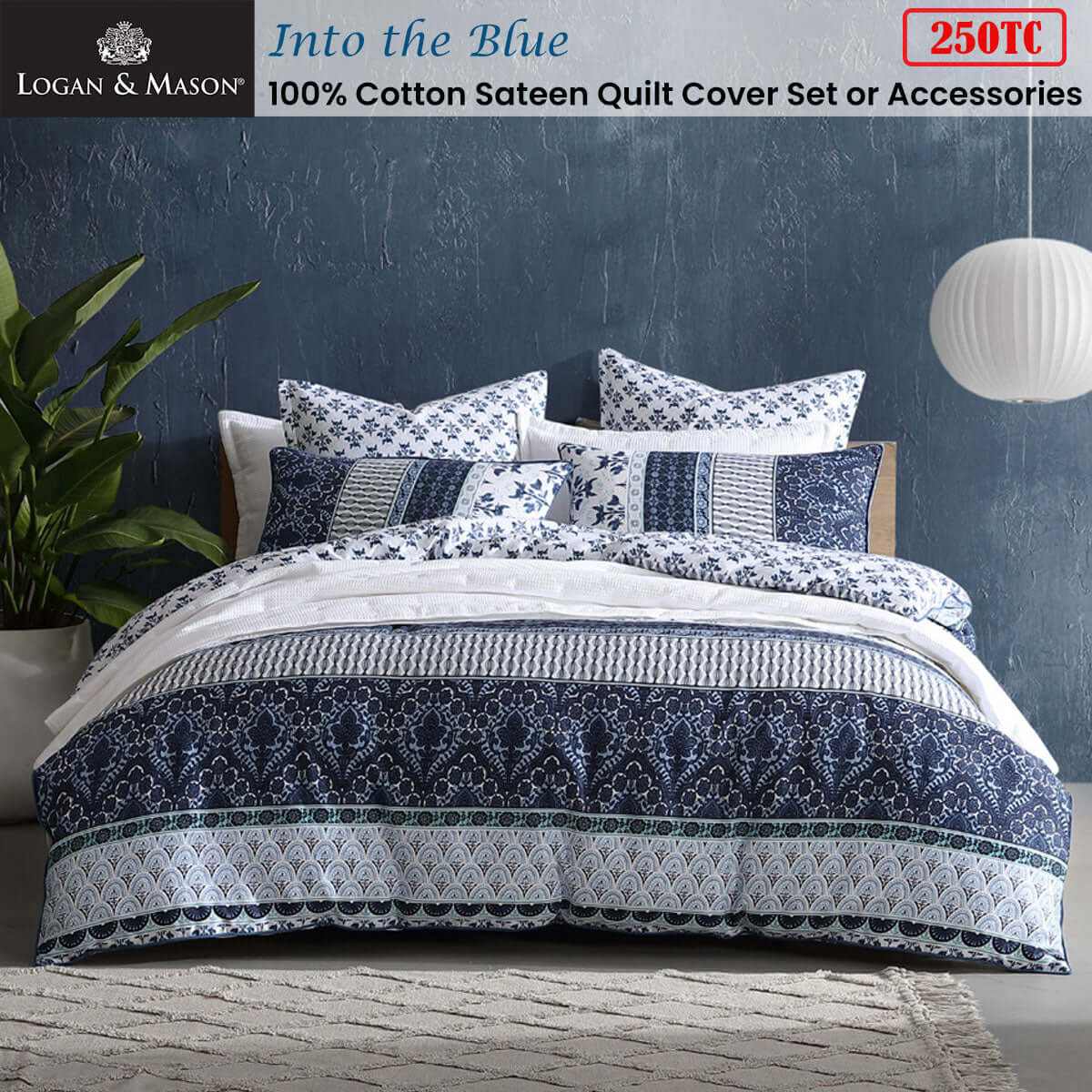 250TC 100% Cotton Sateen King Duvet Cover Blue
