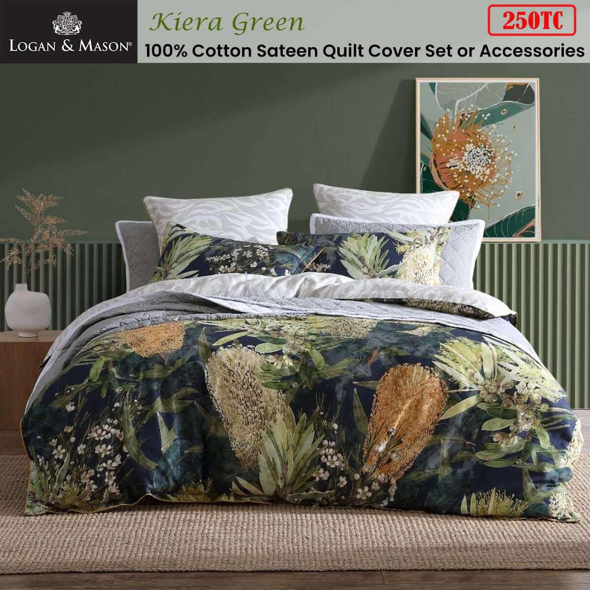 Kiera 250TC 100% Cotton Sateen Green Duvet Cover Set King