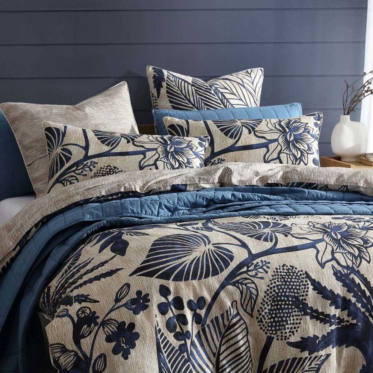 250TC 100% Cotton Sateen Kuranda Blue Floral Duvet Cover Set Queen