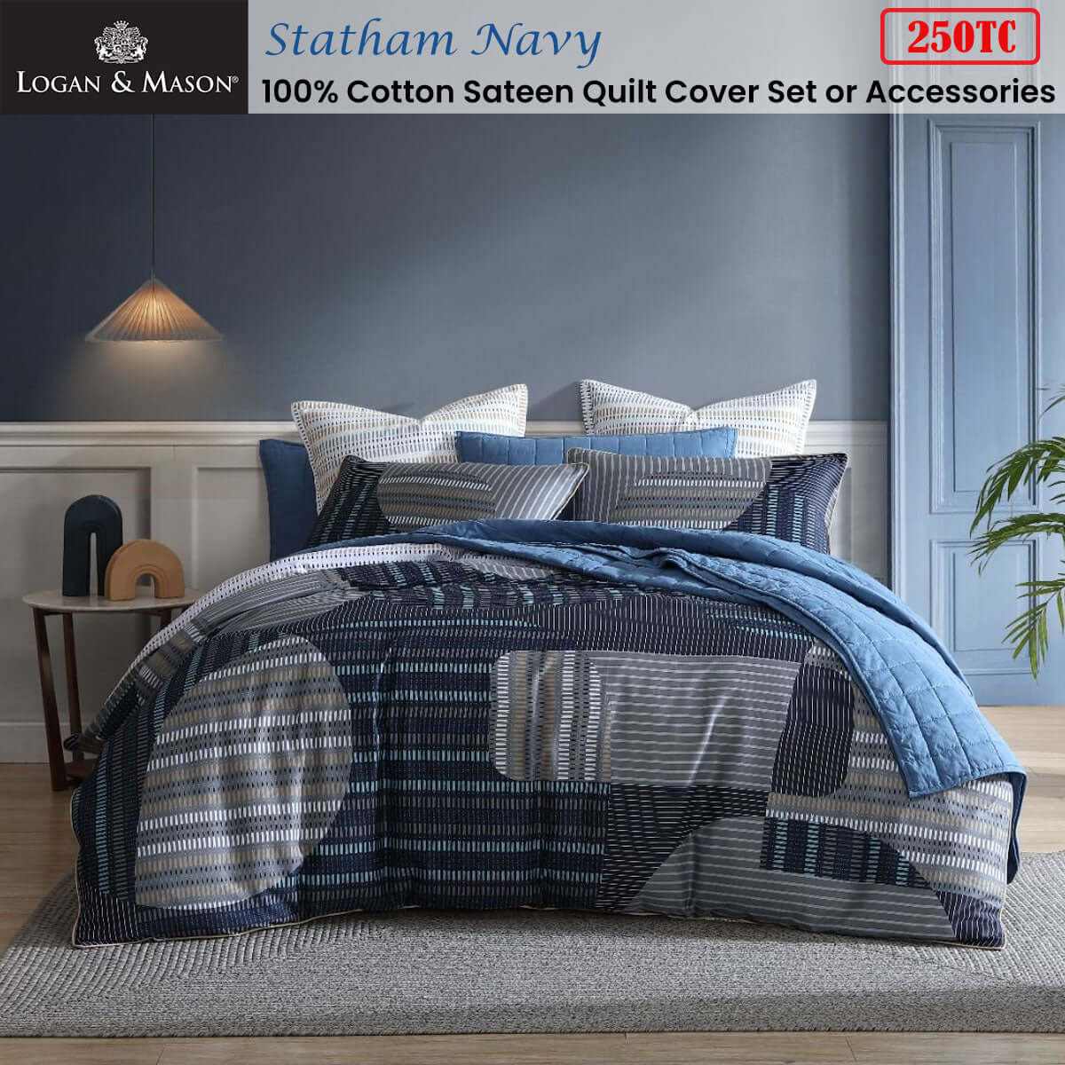 Statham 250TC 100% Cotton Sateen Navy Quilt Cover Set Queen