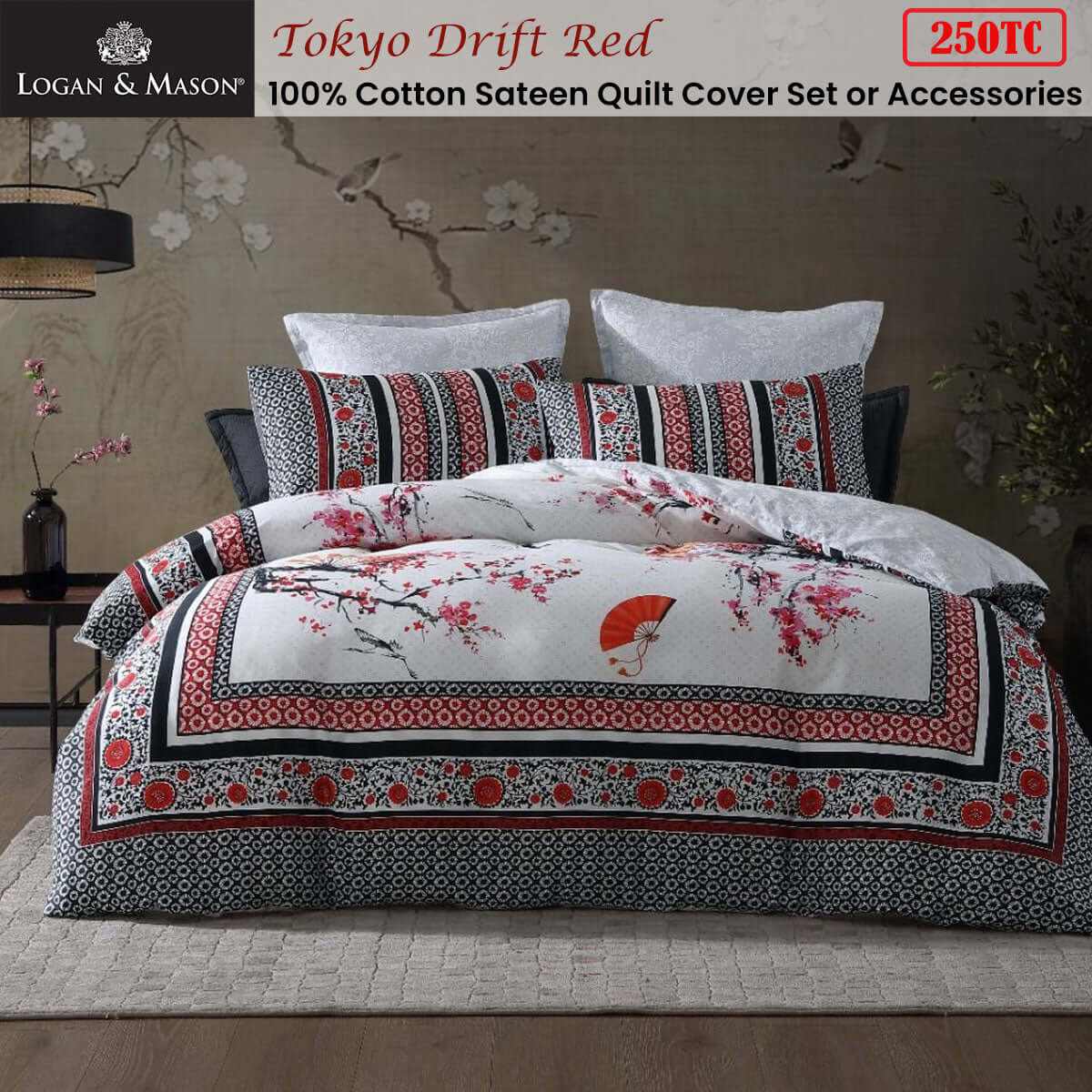 Tokyo 100% Cotton Sateen Drift Red Quilt Cover Set Queen