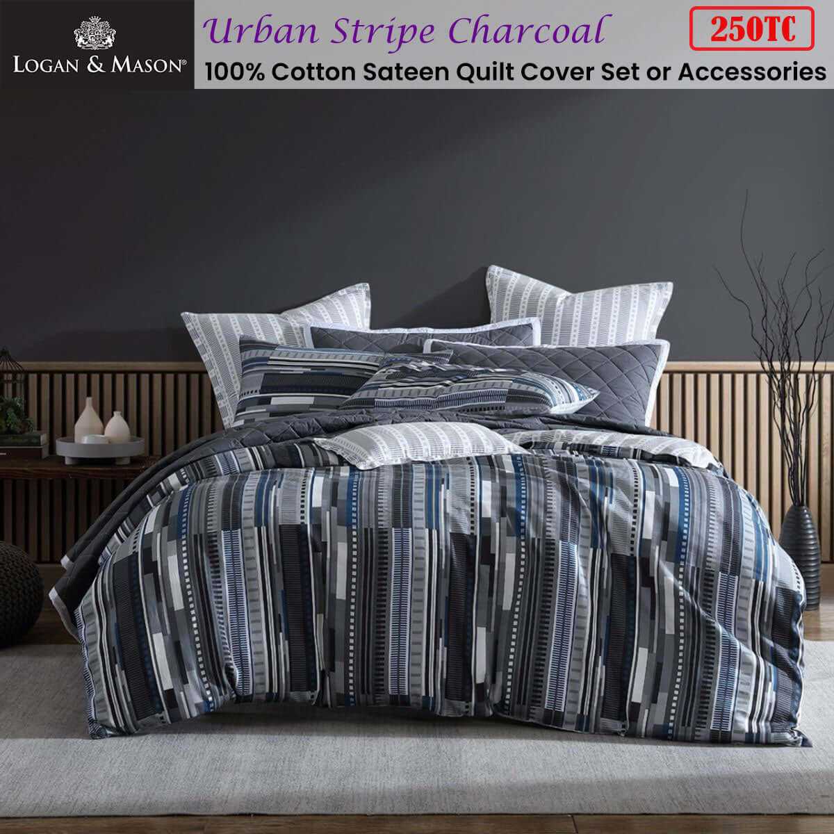 Urban Stripe 250TC 100% Cotton Sateen Charcoal Duvet Cover Set Queen