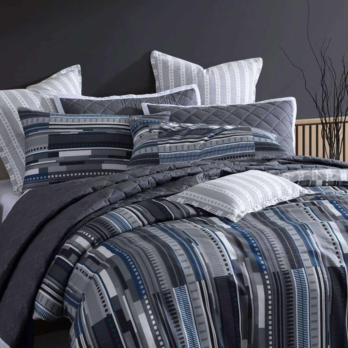 Urban Stripe 250TC 100% Cotton Sateen Charcoal Duvet Cover Set Queen