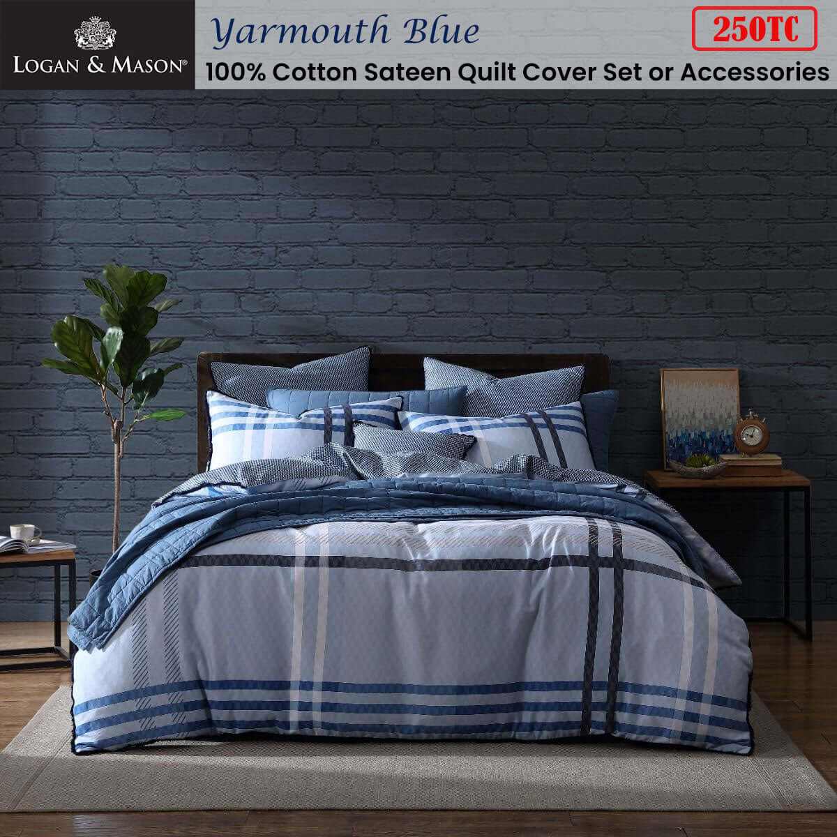 Yarmouth 250TC 100% Cotton Sateen Blue Quilt Cover Set King