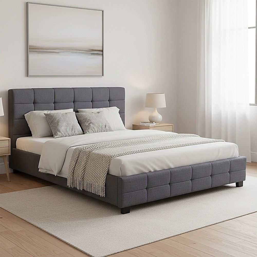 Linen Fabric Queen Deluxe Bed Frame Grey