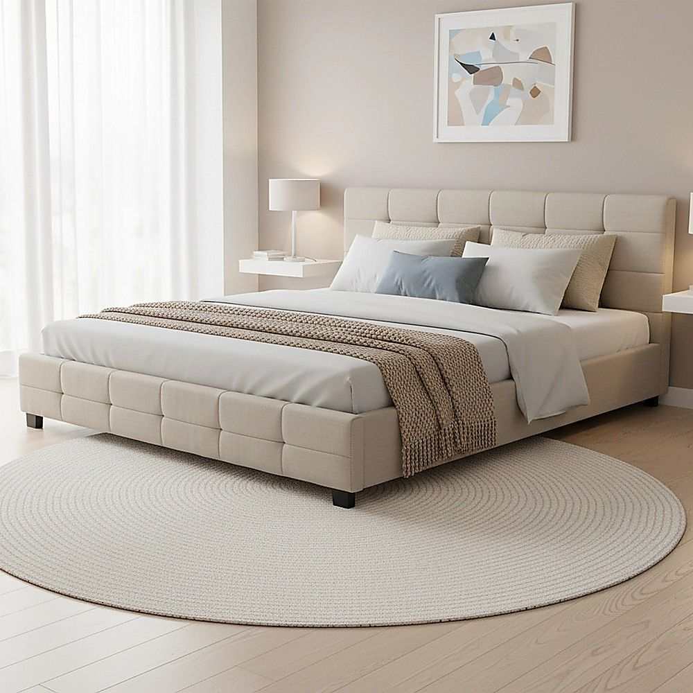 Linen Fabric King Deluxe Bed Frame Beige