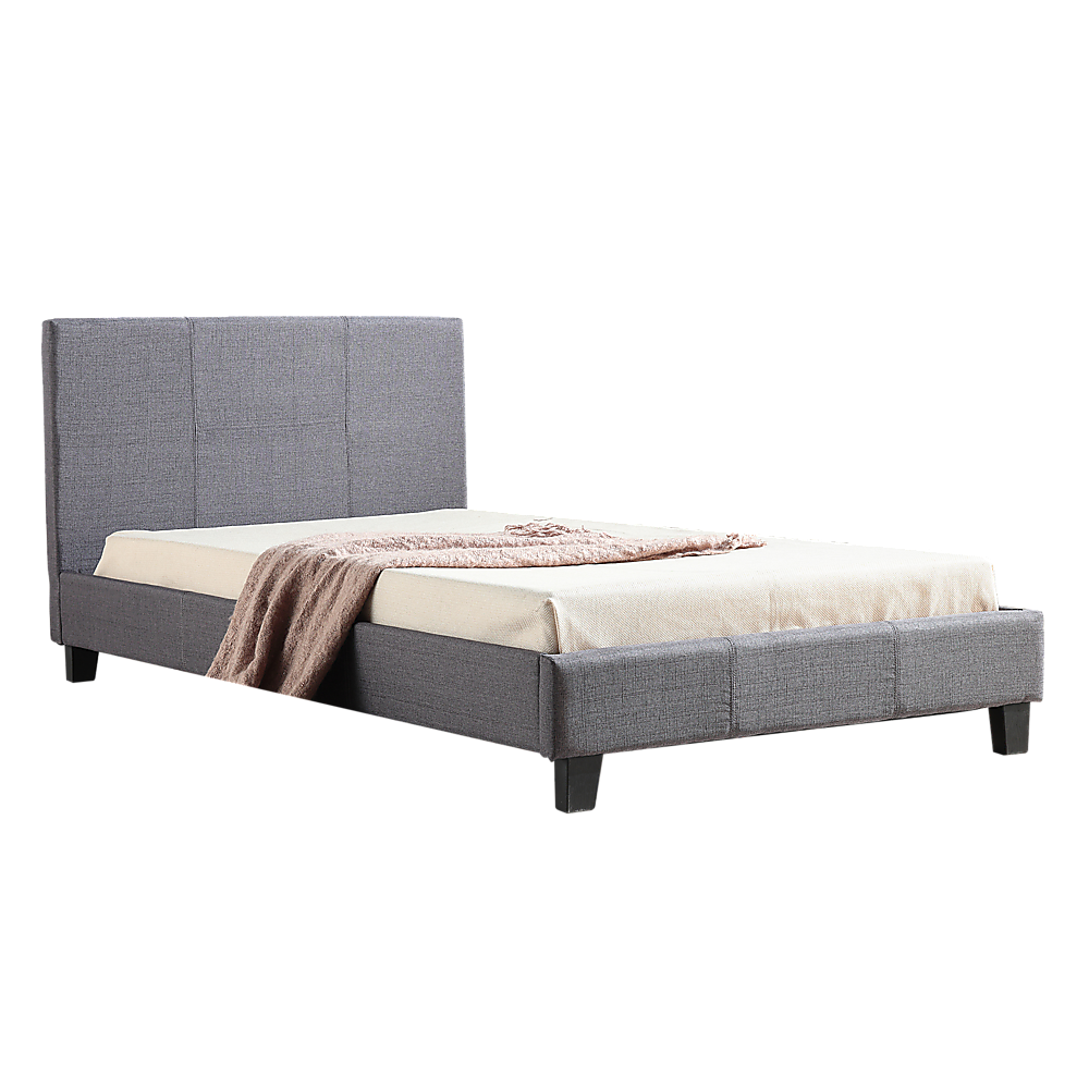 King Single Linen Fabric Bed Frame in grey with padded headboard and stitched design.