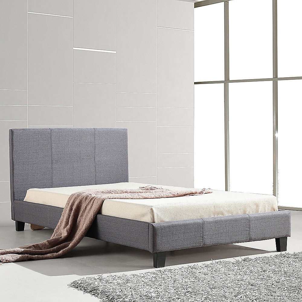 King Single Linen Fabric Bed Frame in grey with padded headboard.