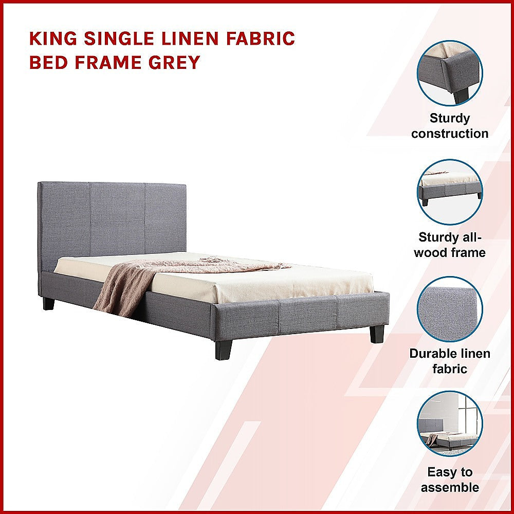 King Single Linen Fabric Bed Frame in Grey with headboard, durable all-wood structure, and easy assembly features.