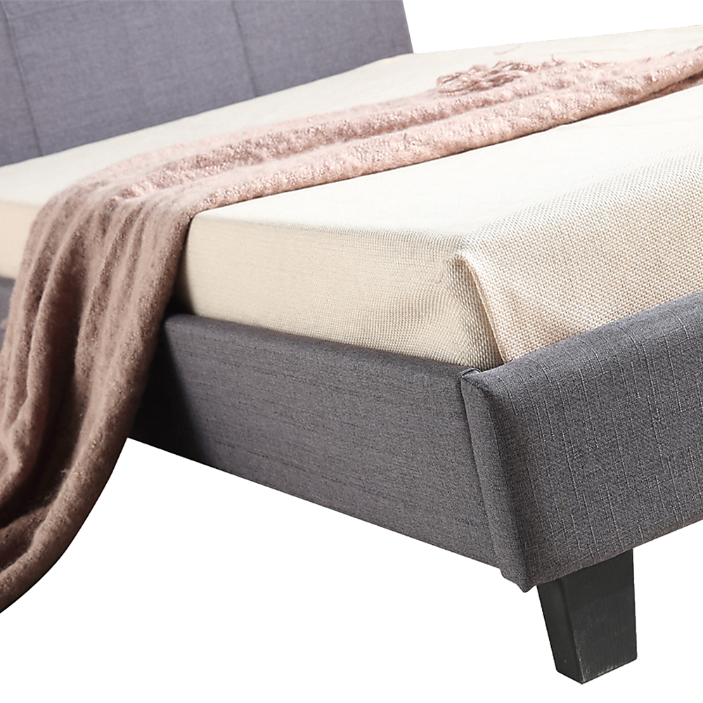 King Single Linen Fabric Bed Frame in Grey with Padded Headboard and Wooden Legs.