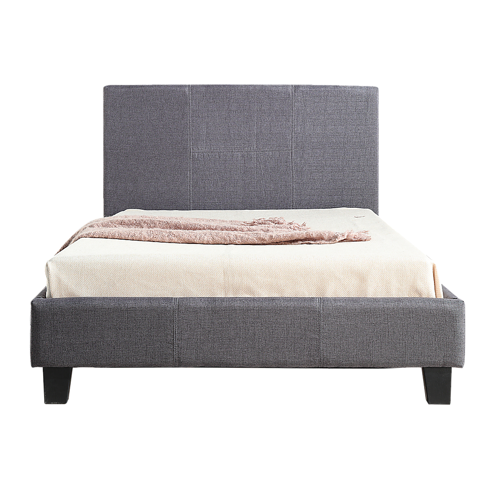 King single grey linen fabric bed frame with padded headboard and wooden slats.