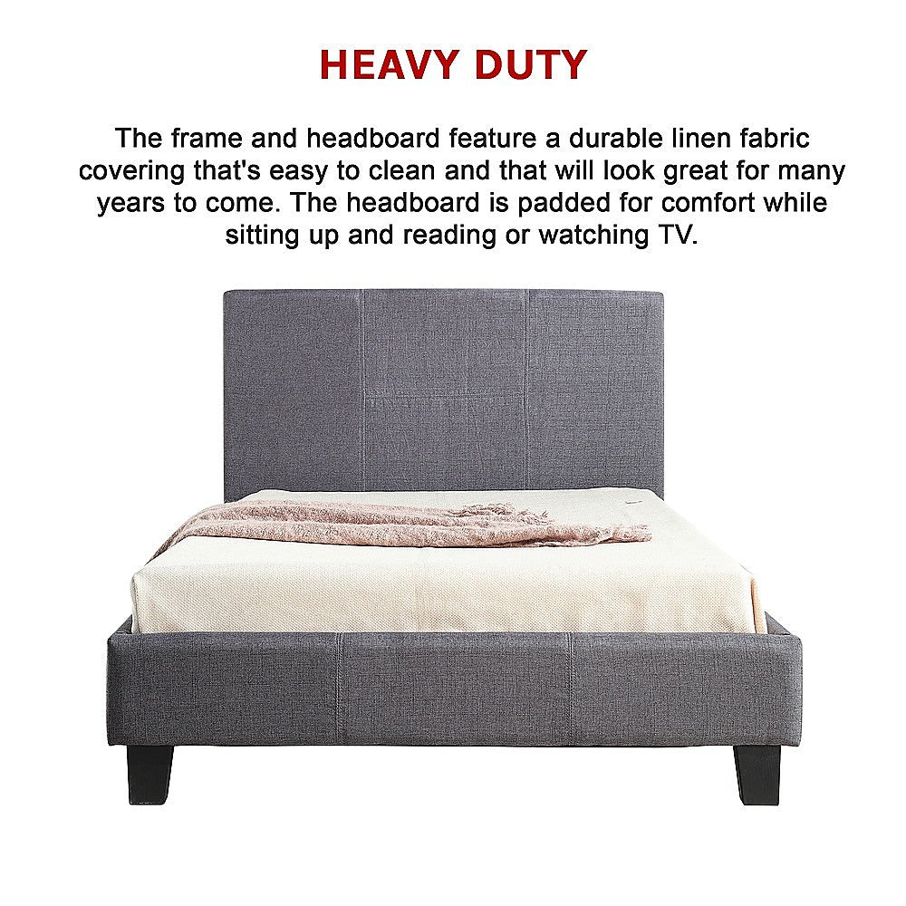 King single grey linen fabric bed frame with sturdy headboard.