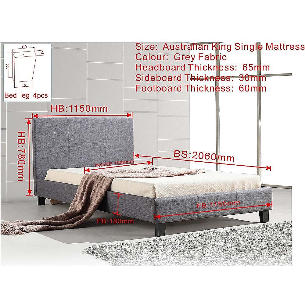 Grey linen fabric king single bed frame with headboard, designed for Australian mattress size, showcasing dimensions and sturdy construction.