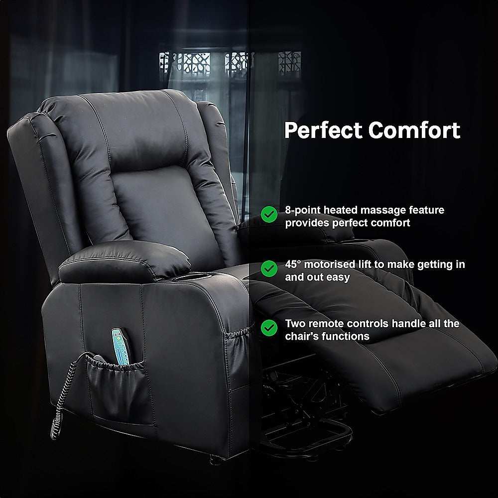 Recliner Chair – Electric Massage Lift Chair with Heat Function PU Leather Lounge Sofa Black