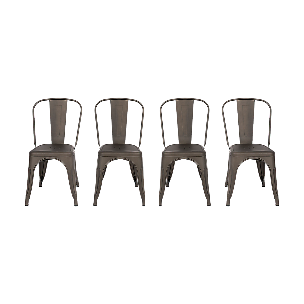 Stackable vintage metal kitchen dining chairs with backrest in gun metal grey.