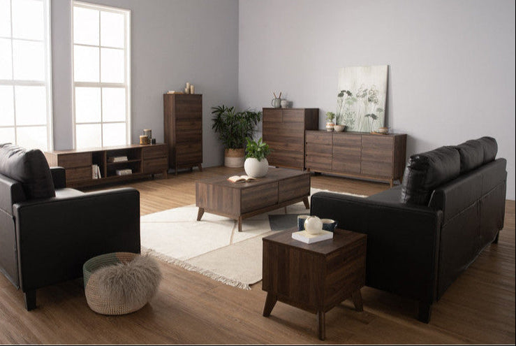 Hirado Coffee Table with cocoa finish, oak top, and natural color legs in modern living room setting.