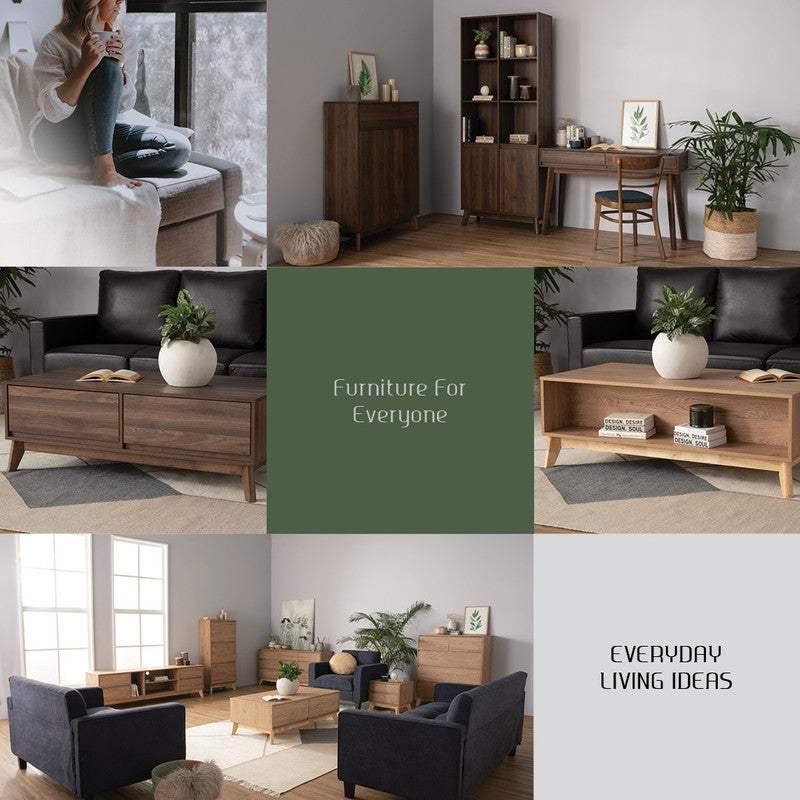 Hirado Coffee Table with natural oak legs and laminated board top in living room setting.