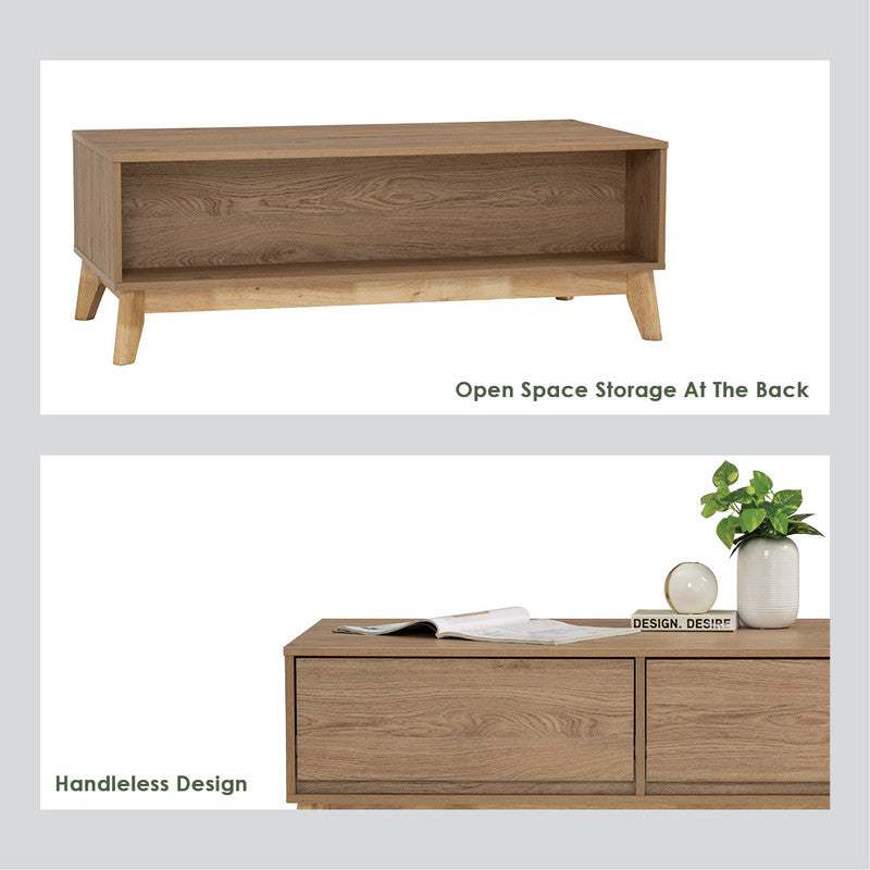 Hirado Coffee Table in Cocoa with natural oak legs and laminated oak top.