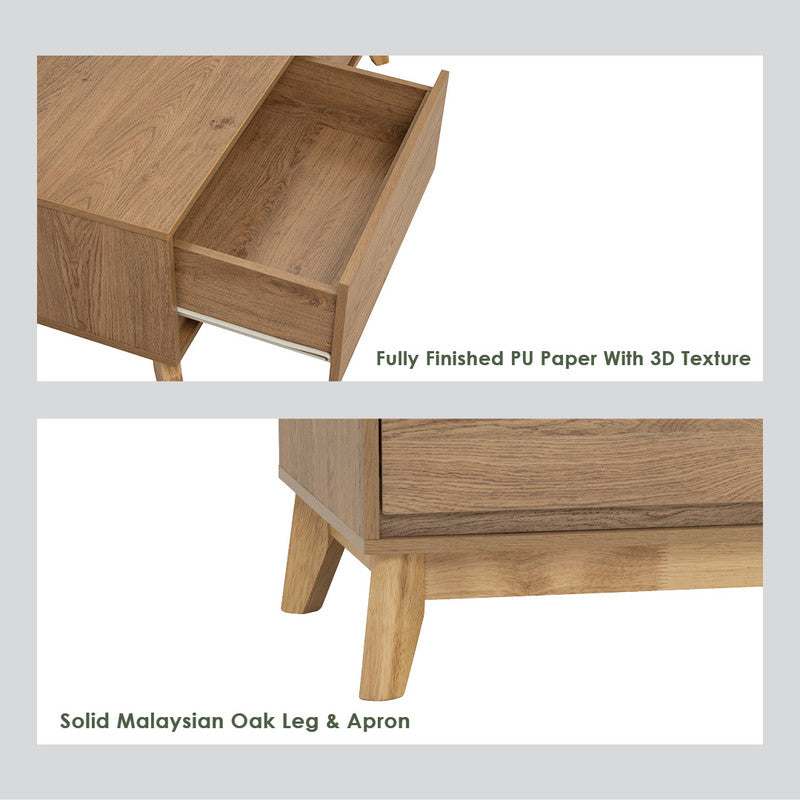 Hirado Coffee Table with cocoa finish, oak top, natural oak legs.