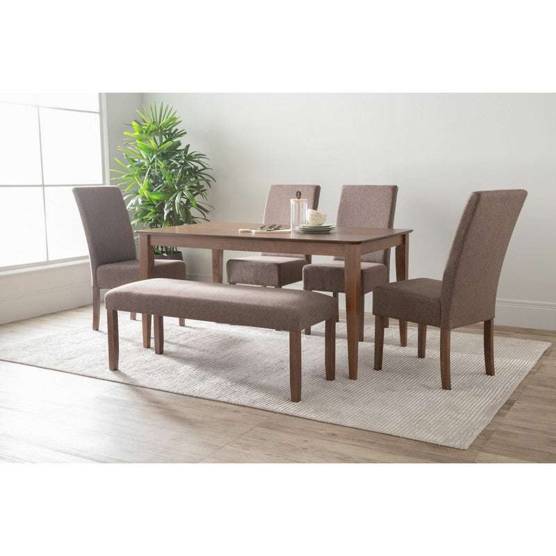 ALLEGRO dining table set with four MESI chairs and bench in cocoa and mocha vinyl, displayed in a bright room.