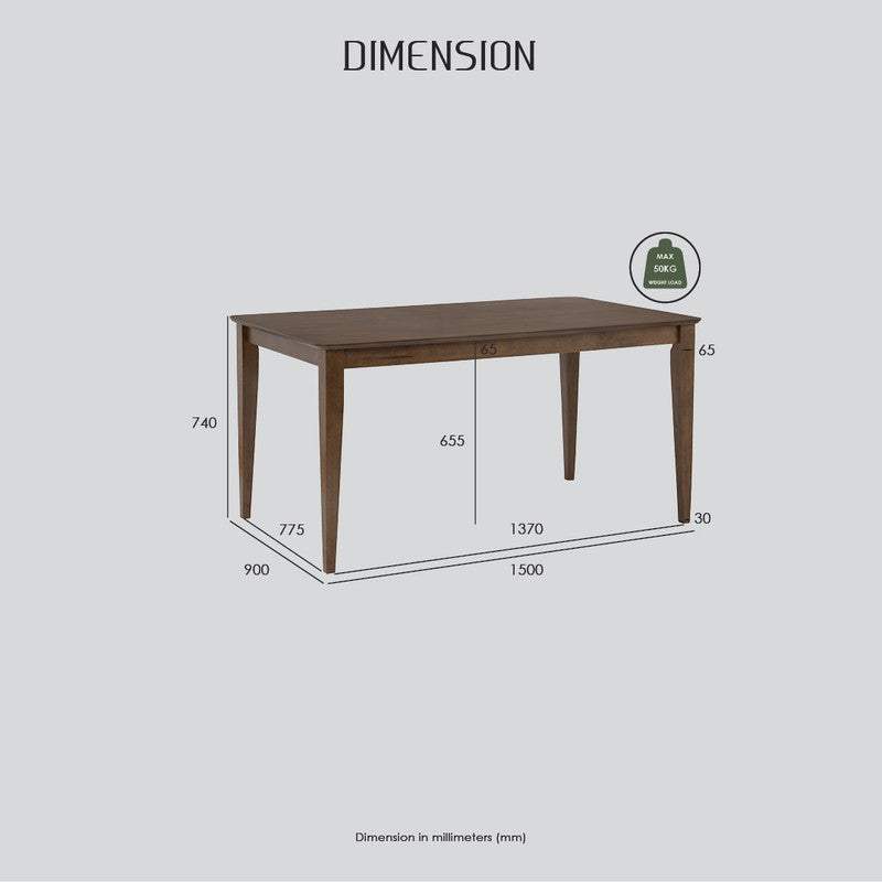 ALLEGRO Dining Table with Cocoa finish and dimensions.