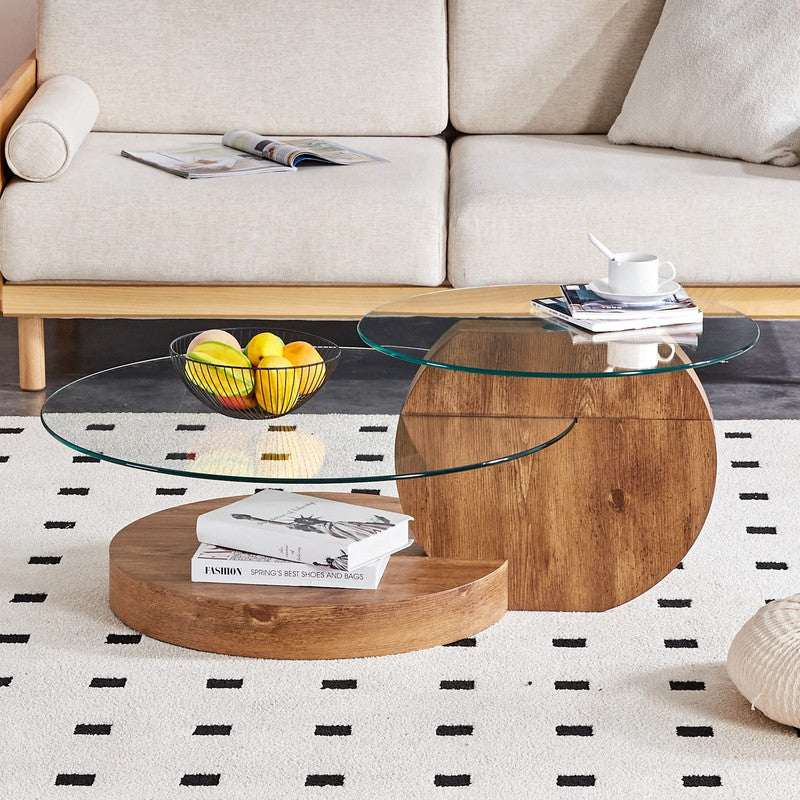 'MINORI' Double Layer Clear Tempered Glass Dark Wood Grain Coffee Table
