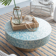 Round Goa Shell Coffee Table with blue-hued shell design on white background, handmade in Vietnam.