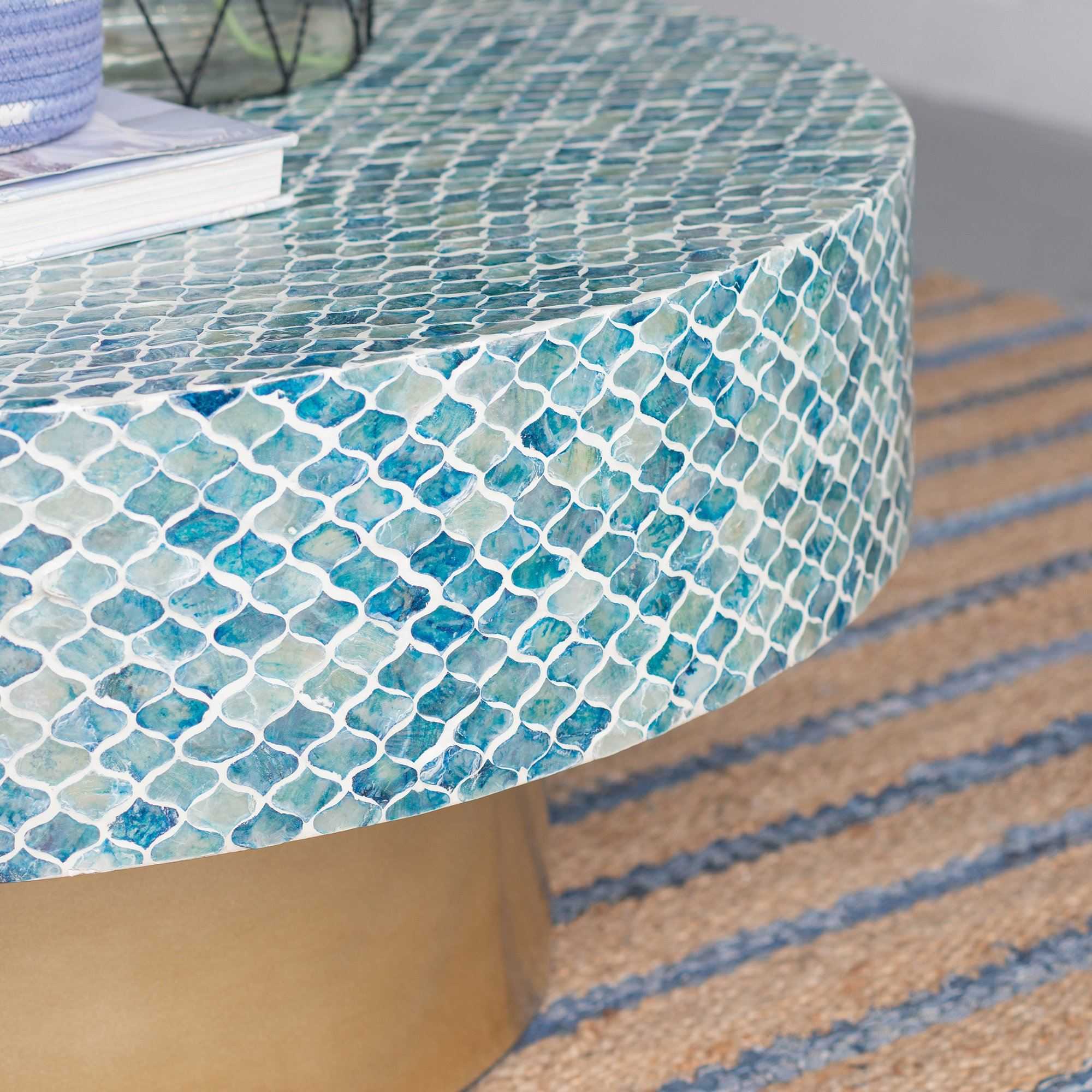 GOA SHELL COFFEE TABLE with blue shell pieces on white background, handmade in Vietnam.