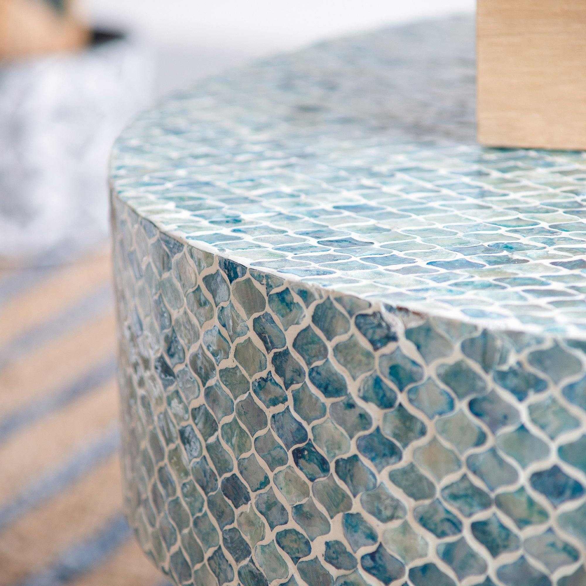 Blue shell-patterned Goa shell coffee table, island style design.