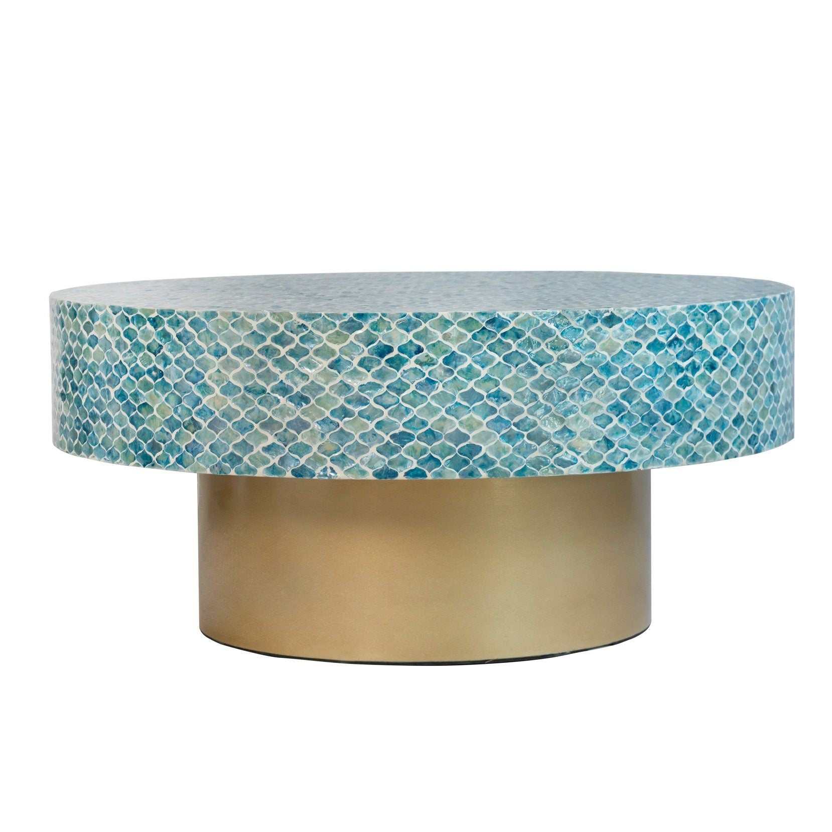 GOA SHELL COFFEE TABLE with blue shell mosaic design on a white background, handcrafted in Vietnam.