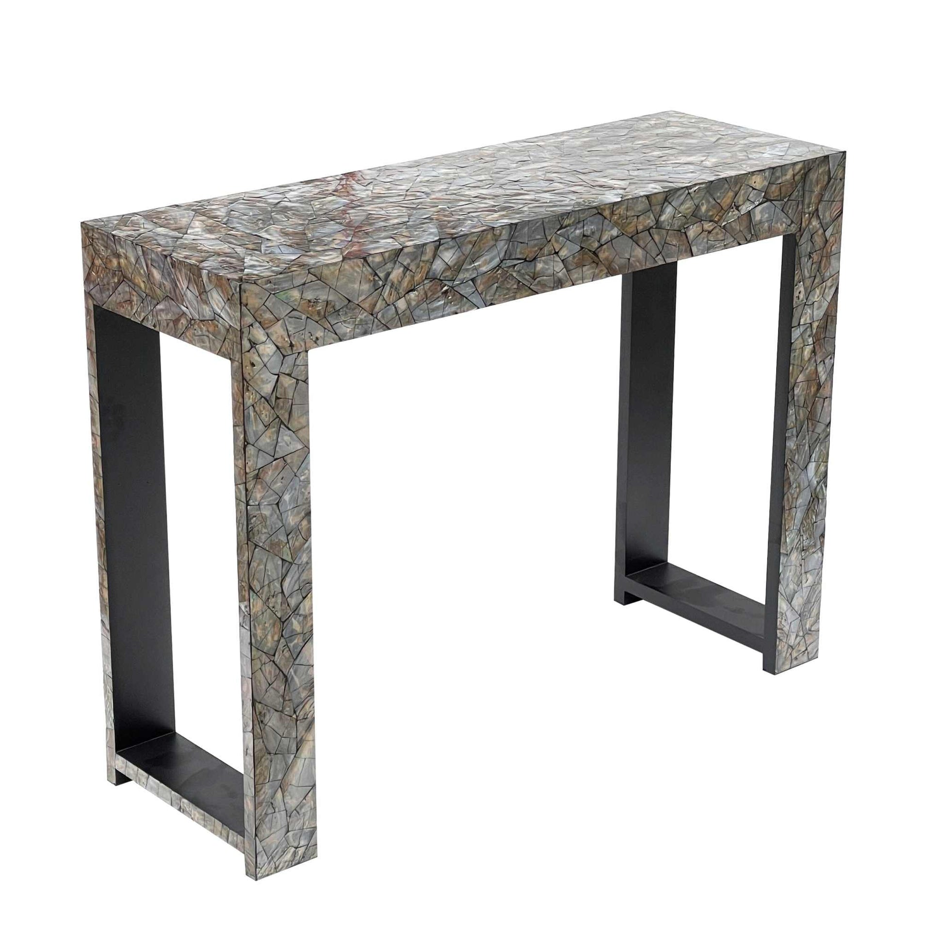 Handmade mother of pearl console table with unique stone hedge design.