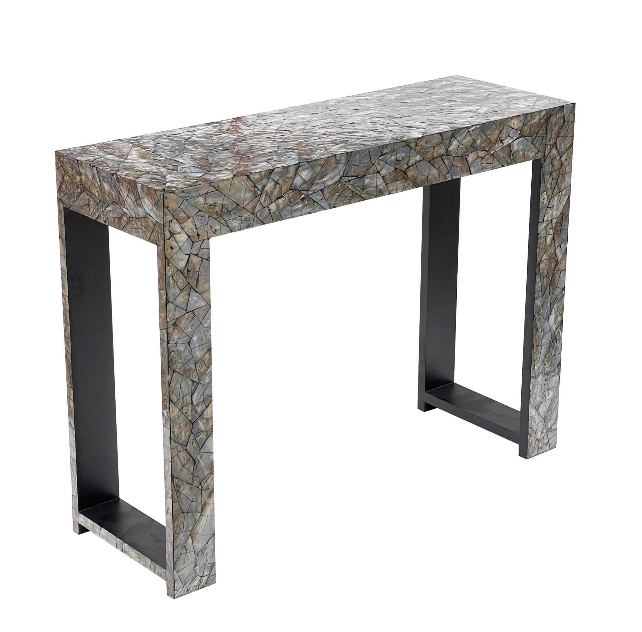 Handmade mother of pearl console table with unique stone hedge design.